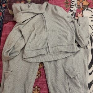 Gray Ribbed Hoodie and Jogger Set